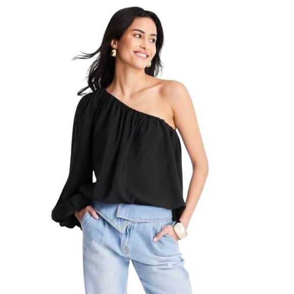 NEW Future Collective Balloon Sleeve Asymmetrical One Shoulder Top Black XXL - Picture 1 of 8